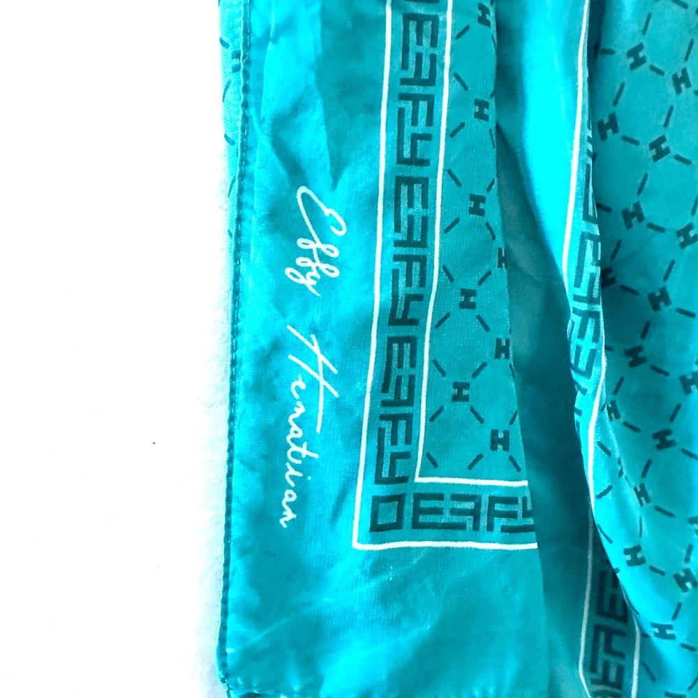 Effy Hematian 59x18 Turquoise Blue Monogram H Logo Oblong Scarf Greek Key Border